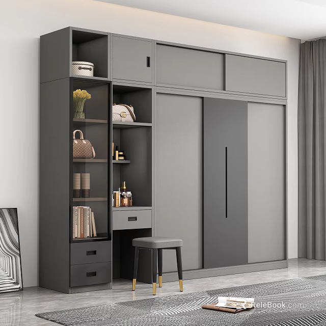 Modern Minimalist Wardrobe Interior With Sliding Doors Open Shelves And Drawer Storage 3d model 