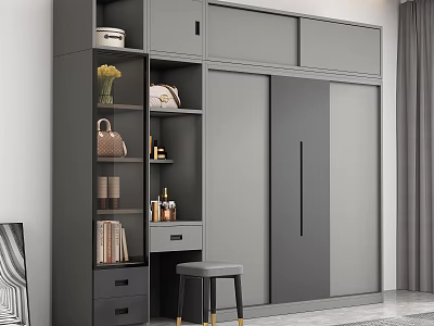 Modern Minimalist Wardrobe Interior With Sliding Doors Open Shelves And Drawer Storage 3d model
