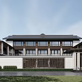 Modern Guesthouse Building With Open Porch Stone Steps Slate Path Pine Trees And Wooden Bench