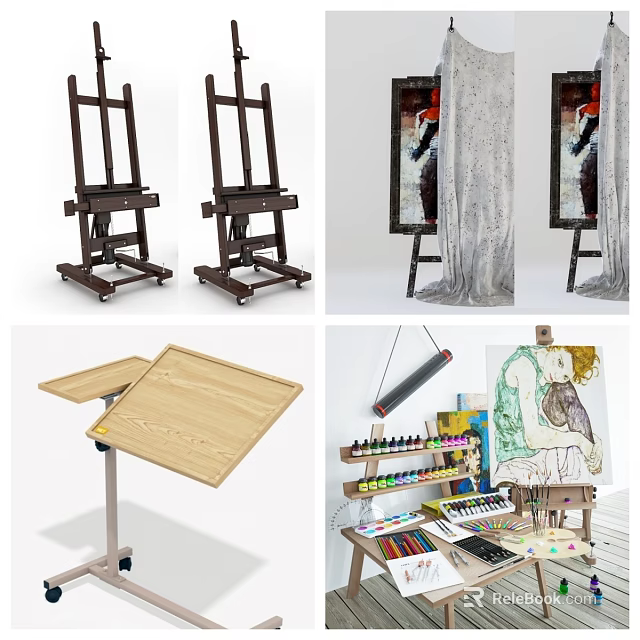 Wooden Art Easels Drawing Boards Musical Keyboard With Paints Brushes Supplies 3d model 