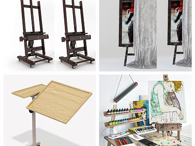 Wooden Art Easels Drawing Boards Musical Keyboard With Paints Brushes Supplies 3d model