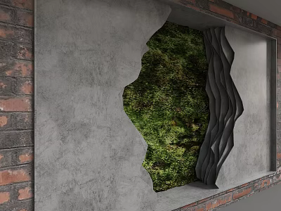 Broken Concrete Background Wall With Green Moss And Wavy Black Structure Red Brick Edges 3d model