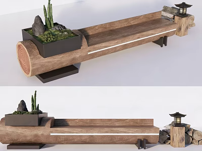 Natural Wooden Log Landscape Seating With Potted Cactus And Stone Lantern 3d model