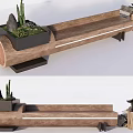 Natural Wooden Log Landscape Seating With Potted Cactus And Stone Lantern