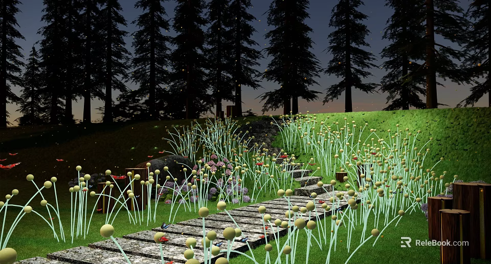 Dandelion Shaped Outdoor Lights Illuminate Evening Stone Path With Trees And Grass 3d model 