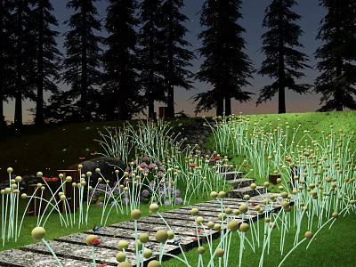 Dandelion Shaped Outdoor Lights Illuminate Evening Stone Path With Trees And Grass 3d model