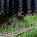Dandelion Shaped Outdoor Lights Illuminate Evening Stone Path With Trees And Grass
