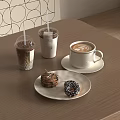 Wooden Table Setting With Iced Coffee Drinks Latte And Dessert Cookie Donut