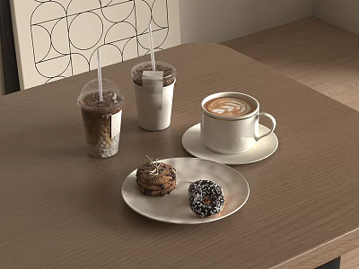 Wooden Table Setting With Iced Coffee Drinks Latte And Dessert Cookie Donut 3d model