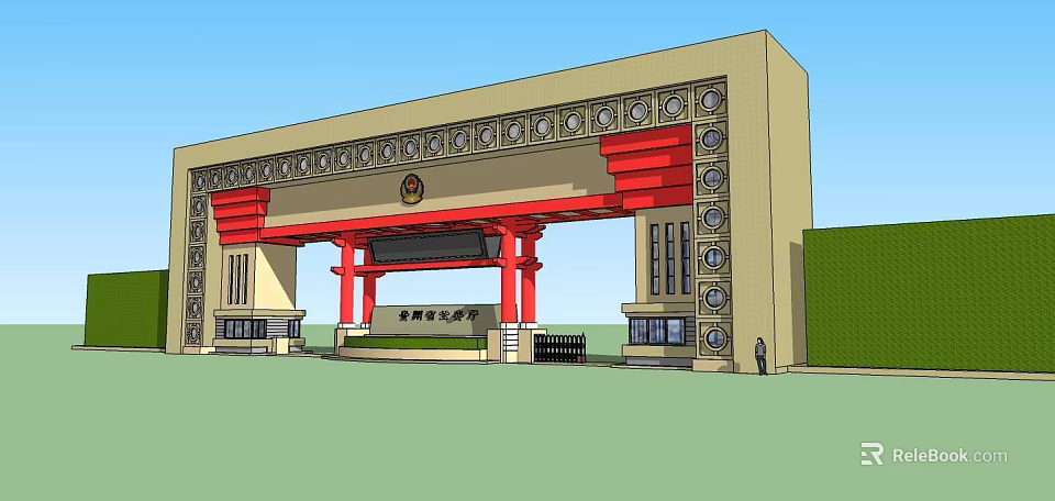 Traditional Chinese Entrance Gate With Red Columns And Carved Patterns For University 3d model 