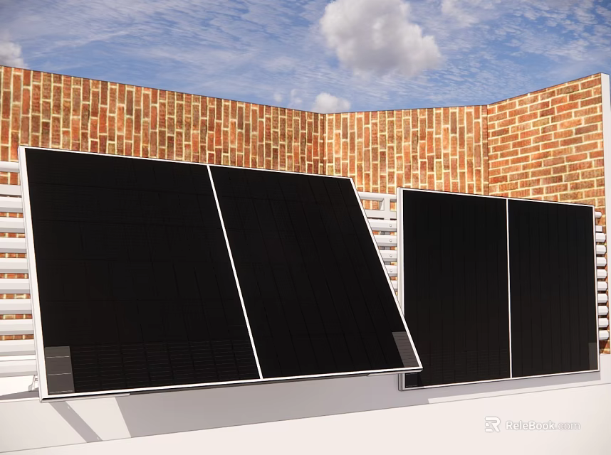Modern Solar Panels Installed Against Brick Wall Under Clear Blue Sky 3d model
