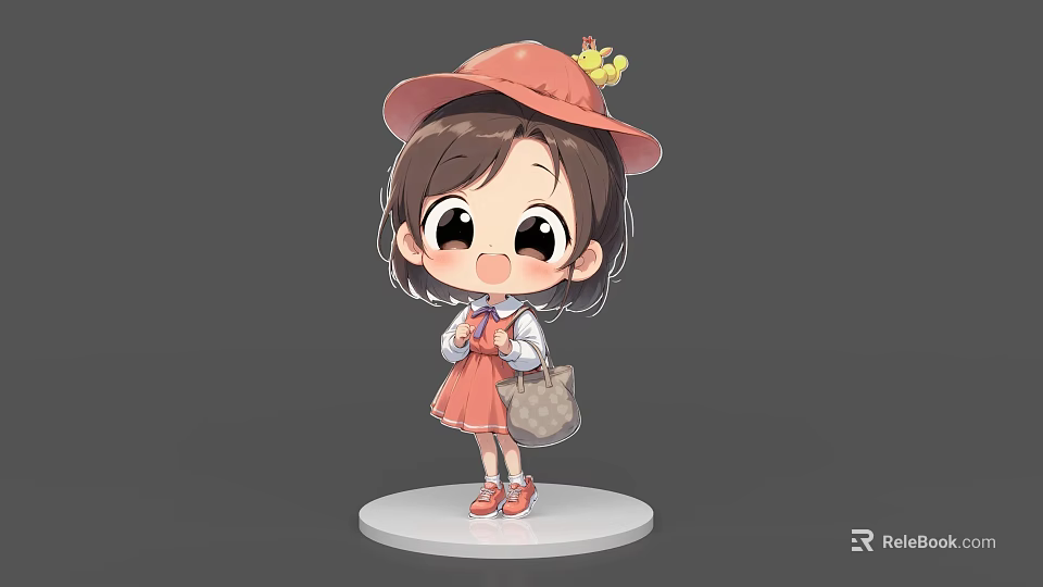 Cartoon Style Game Character Little Girl In Pink Dress With Red Hat And Handbag 3d model 