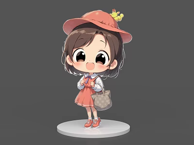Cartoon Style Game Character Little Girl In Pink Dress With Red Hat And Handbag 3d model