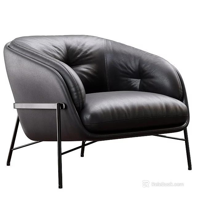Black Leather Single Sofa With Tufted Seat And Metal Frame Legs 3d model 