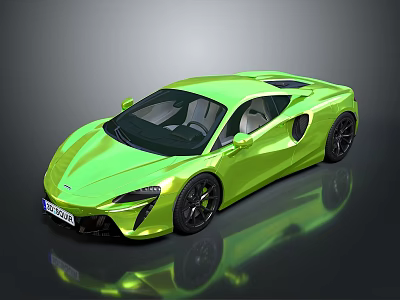 Green Modern Sports Car With Sleek Design And Black Wheels On Dark Background With Reflection 3d model