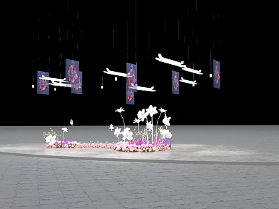 Floral Decoration Scene With Hanging Pink Pattern Panels And White Airplane Models On Black Background 3d model