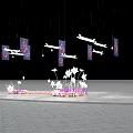 Floral Decoration Scene With Hanging Pink Pattern Panels And White Airplane Models On Black Background