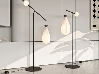 Modern Floor Lamps With White Shades And Black Stands In Modern Living Interior 3d model