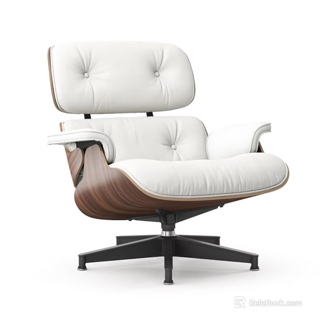 Modern Office Chair With White Upholstered Seat Wooden Frame And Black Metal Base 3d model 