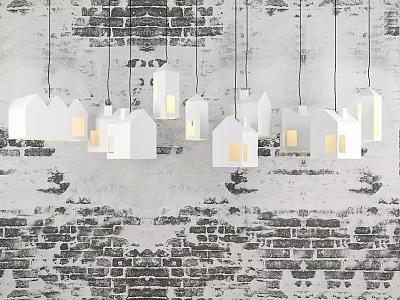 White House Shaped Pendant Lights Hanging Against Brick Wall With Lit Interiors 3d model