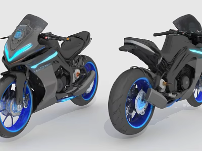 Futuristic Modern Black Motorcycles With Blue Lights Two View Design 3d model