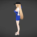 Woman In Blue Dress With Black Cap Long Blonde Hair And Arms Outstretched In Sandals