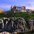 Modern Hotel Buildings with Sea View Sunset Outdoor Spaces Greenery and Glass Facades