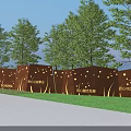 Outdoor Scenic Wall with Illuminated Engraved Characters Surrounded by Green Trees in Public Area
