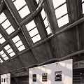 Modern Open Exhibition Hall with Arched Glass Roof White Walls and Displayed Artworks