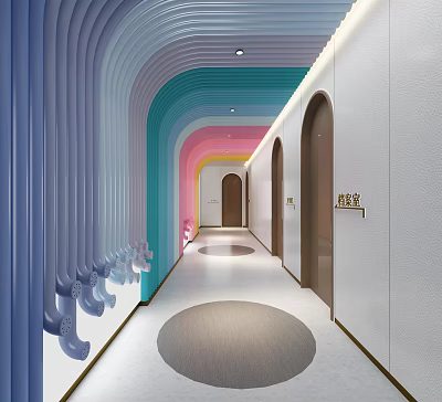 Modern Office Corridor With Colorful Arched Ceilings White Walls Circular Rugs And Doors 3d model