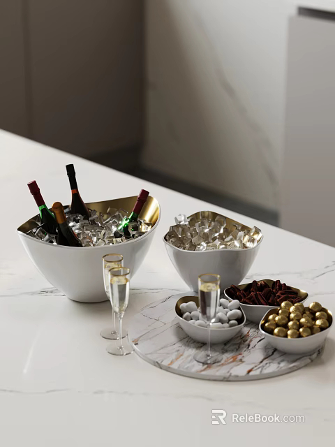 White Bowls With Ice Cubes Wine Bottles Champagne Glasses Pecans Golden Candies On Marble Countertop 3d model 