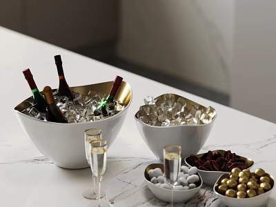 White Bowls With Ice Cubes Wine Bottles Champagne Glasses Pecans Golden Candies On Marble Countertop 3d model