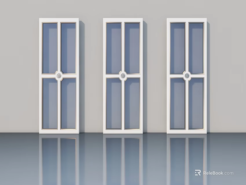Three White Hinged Doors With Glass Panels Modern Design On Light Wall 3d model