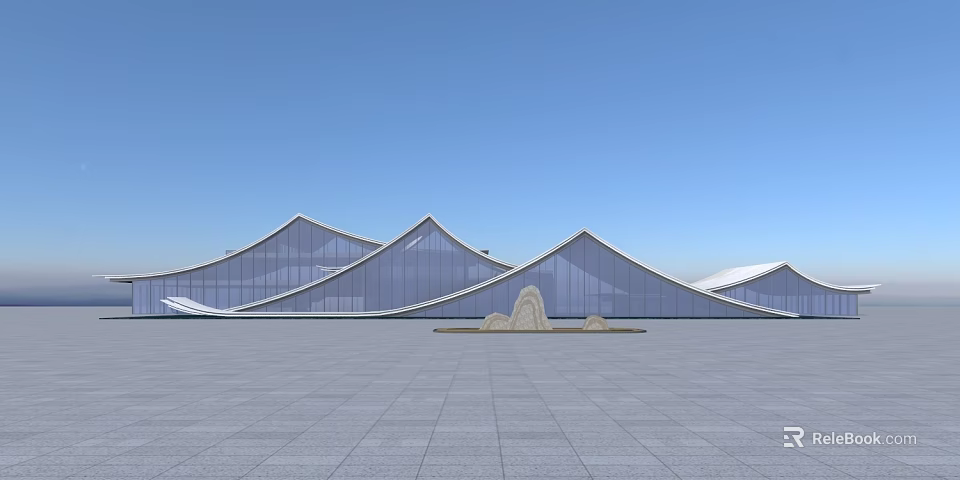 Modern Sales Office Building with Glass Curtain Wall Wavy Roof Open Plaza and Stone Decorations 3d model 