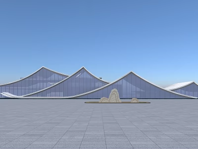 Modern Sales Office Building with Glass Curtain Wall Wavy Roof Open Plaza and Stone Decorations 3d model