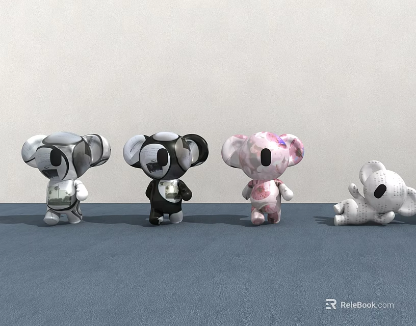 Adorable Koala Plush Toys in White Black Pink and Lying Positions 3d model 