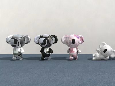 Adorable Koala Plush Toys in White Black Pink and Lying Positions 3d model