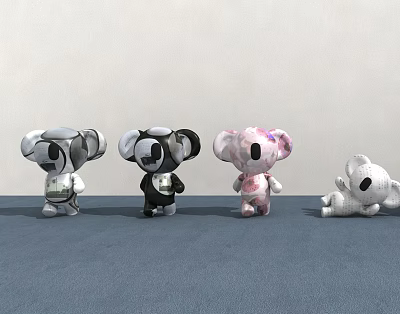 Adorable Koala Plush Toys in White Black Pink and Lying Positions 3d model