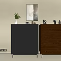 Poliform Modern Console And Side Cabinets With Dark Brown Wooden Design And Decorative Wall Art