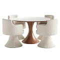 Modern Round Marble Tabletop Dining Set with Wooden Pedestal and Four Beige Upholstered Chairs