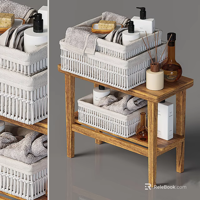 Bathroom Accessories Organizer With Wooden Shelf Wicker Baskets Towels And Toiletries 3d model 