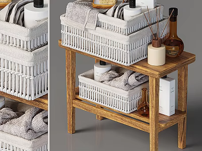 Bathroom Accessories Organizer With Wooden Shelf Wicker Baskets Towels And Toiletries 3d model