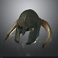 Intricate Metallic Helmet Carving Sculpture With Curved Designs And Horn Like Structures