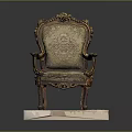 Carved Wooden Frame Armchair With Upholstered Patterned Fabric And Marble Base