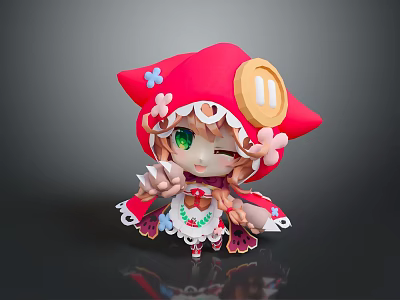 Chibi Game Movie Character With Red Hood Flower Decorations Green Eyes And Lace Details 3d model