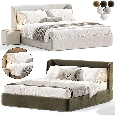 Modern Minimalist Double Bed with Upholstered Headboard Pillows Blanket and Nightstand 3d model