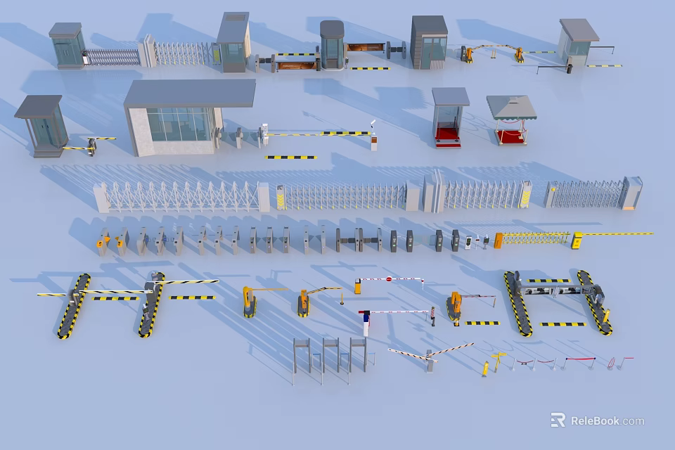 Various Types of Public Facilities Including Booths Barriers Railings and Access Control Equipment 3d model 