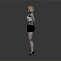 Blonde Female Robot With White Top Black Skirt And Metallic Mechanical Limbs On Gray Background