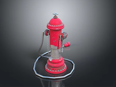 Industrial Equipment Red Fire Hydrant With Silver Chain And Metal Base 3d model