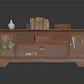 Wooden TV Stand With Glass Doors And Decorations Including White Vase Books Red Box